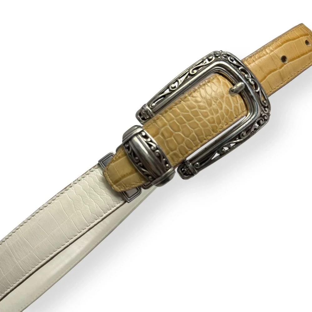 VTG Brighton‎ Reversible Belt 32 M/L White Tan Crocodile Embossed Leather Ornate